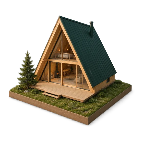 Maquete de chalé A-frame com fachada de vidro e deck
